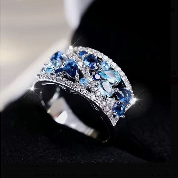 🩵 Blue Crystal Cz Diamond Wide Band  Ring 💎 - Picture 3 of 16